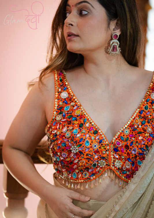 Orange Multi-Colour Stone Work Sleeveless Silk Blouse & Dori Tie-Up – Party Wear | Glam Devi