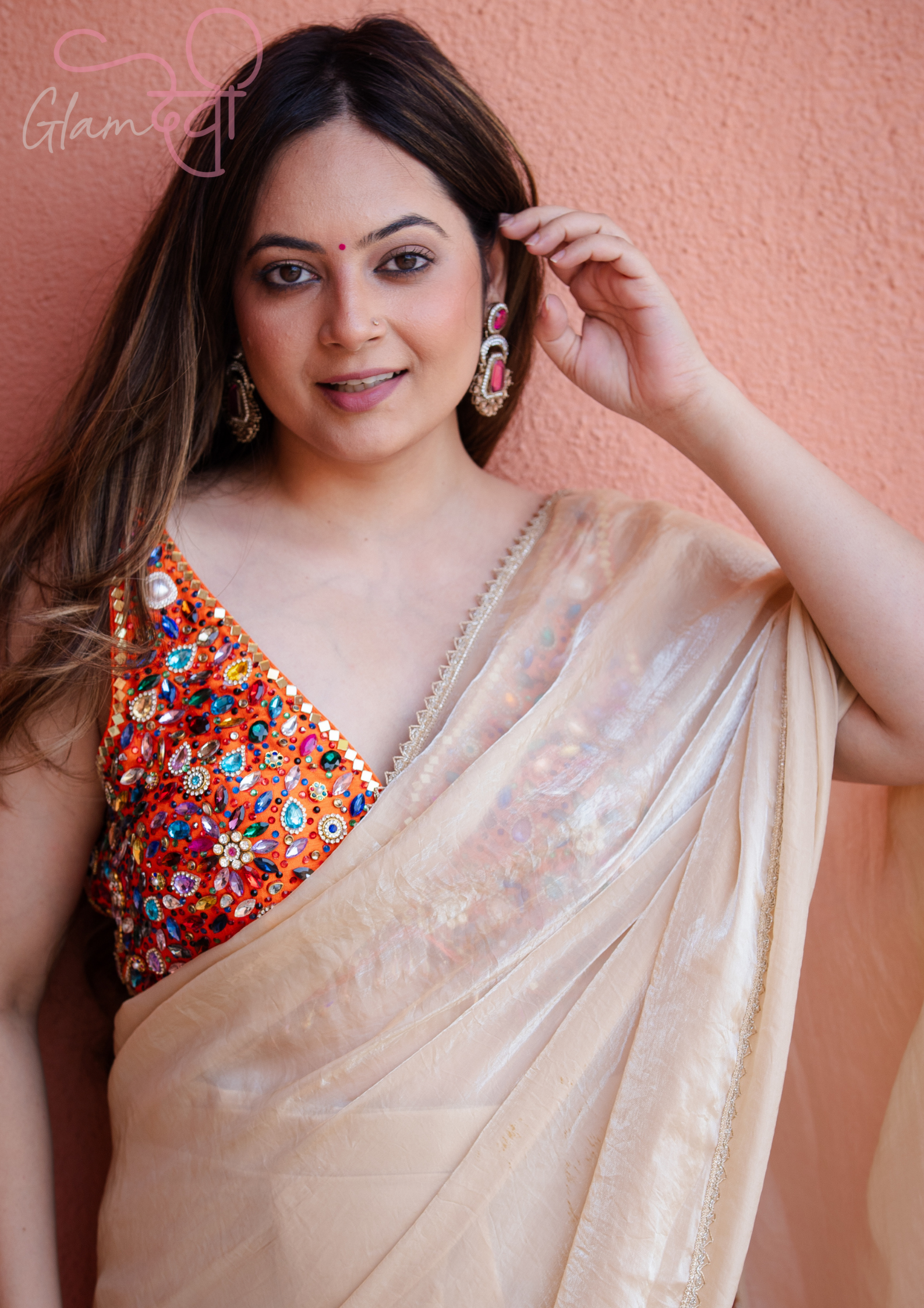 Orange Multi-Colour Stone Work Sleeveless Silk Blouse & Dori Tie-Up – Party Wear | Glam Devi