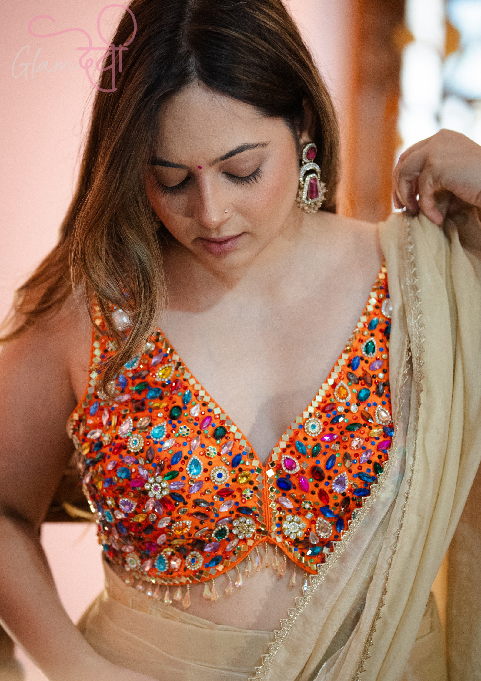 Orange Multi-Colour Stone Work Sleeveless Silk Blouse & Dori Tie-Up – Party Wear | Glam Devi