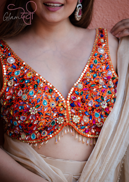 Orange Multi-Colour Stone Work Sleeveless Silk Blouse & Dori Tie-Up – Party Wear | Glam Devi