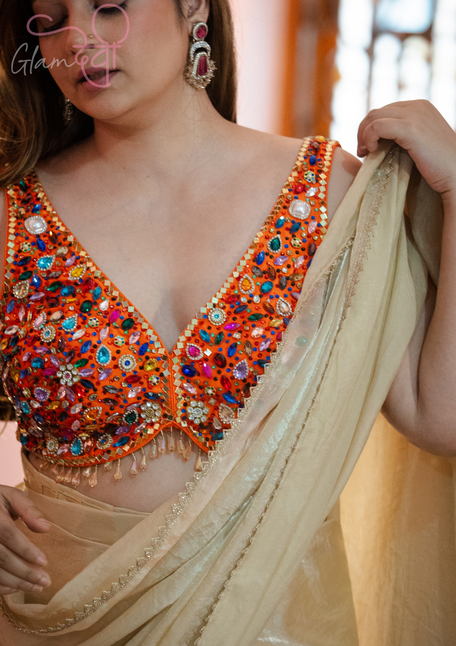 Orange Multi-Colour Stone Work Sleeveless Silk Blouse & Dori Tie-Up – Party Wear | Glam Devi