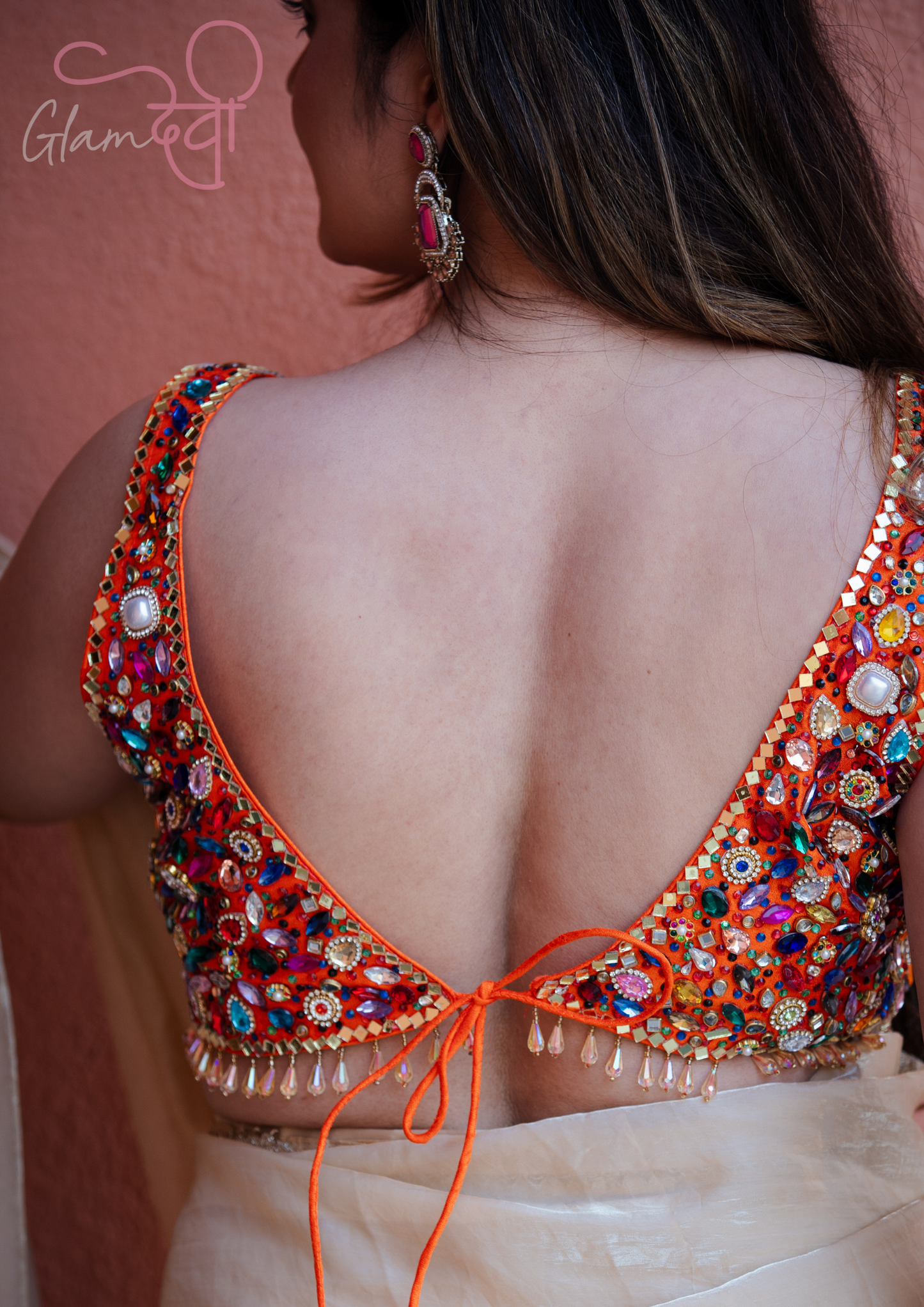 Orange Multi-Colour Stone Work Sleeveless Silk Blouse & Dori Tie-Up – Party Wear | Glam Devi