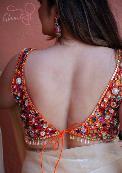 Orange Multi-Colour Stone Work Sleeveless Silk Blouse & Dori Tie-Up – Party Wear | Glam Devi
