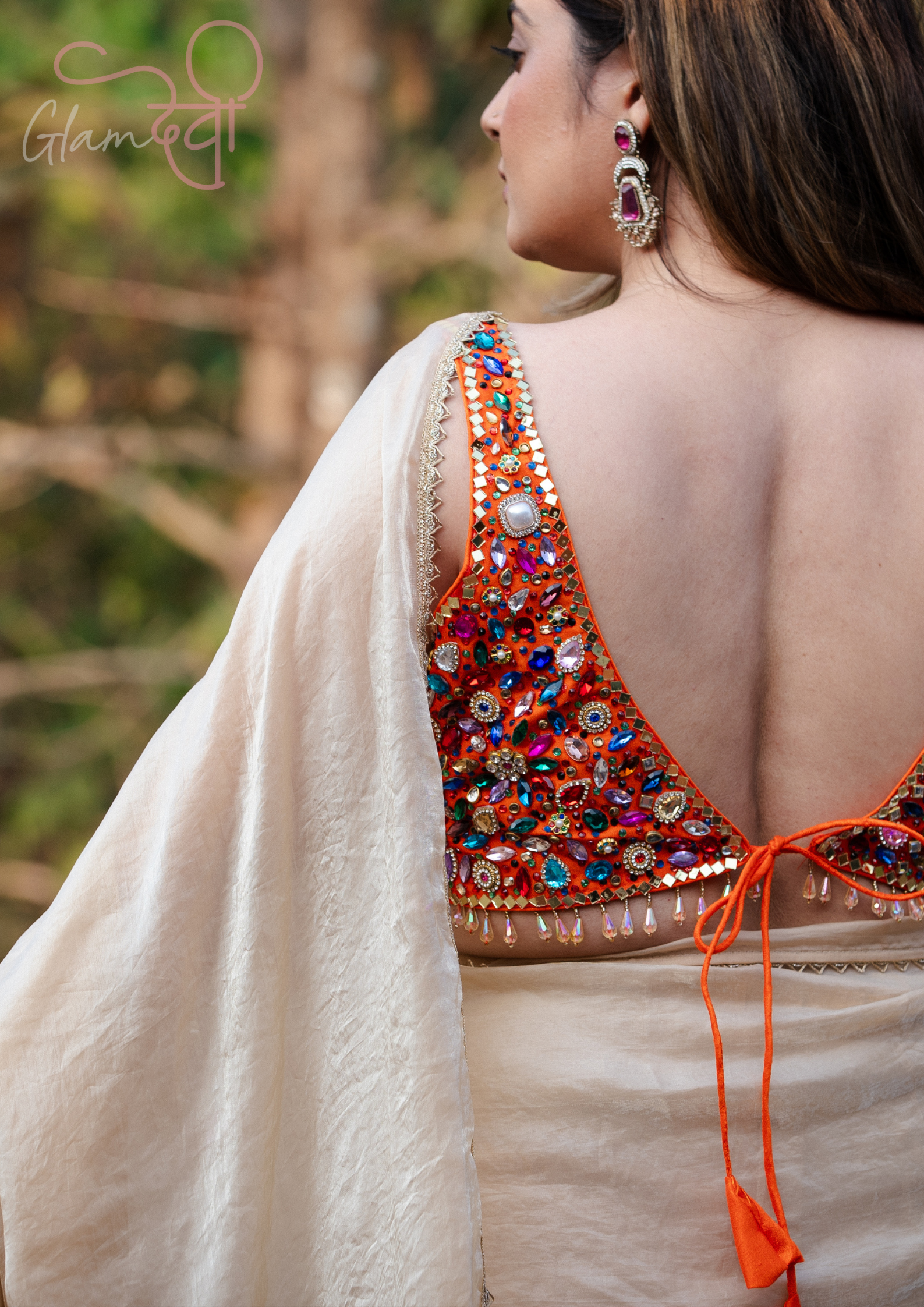 Orange Multi-Colour Stone Work Sleeveless Silk Blouse & Dori Tie-Up – Party Wear | Glam Devi