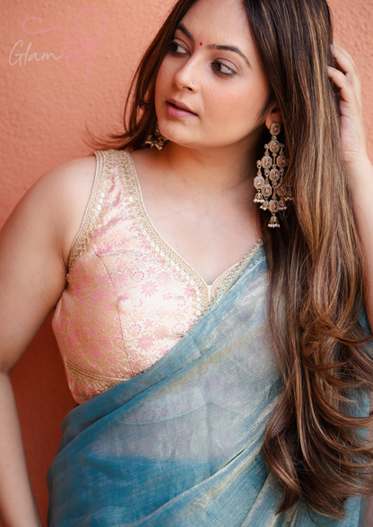 Gold Sleeveless Silk Brocade Blouse with Pink Floral Weave & Deep Back – Festive Wear | Glam Devi