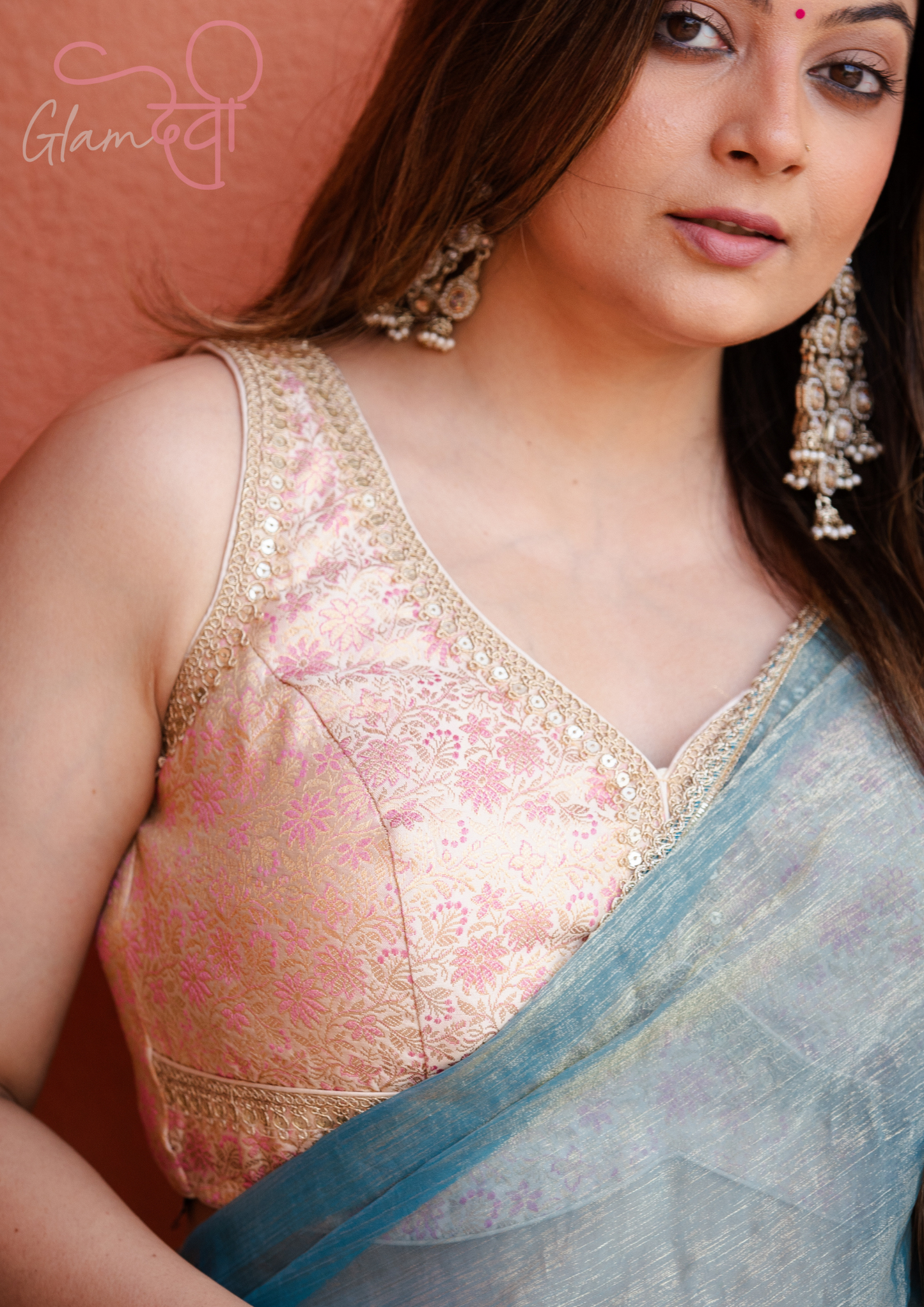 Gold Sleeveless Silk Brocade Blouse with Pink Floral Weave & Deep Back – Festive Wear | Glam Devi