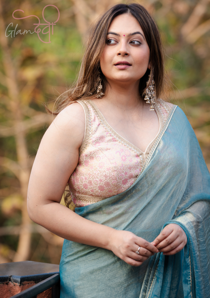 Gold Sleeveless Silk Brocade Blouse with Pink Floral Weave & Deep Back – Festive Wear | Glam Devi