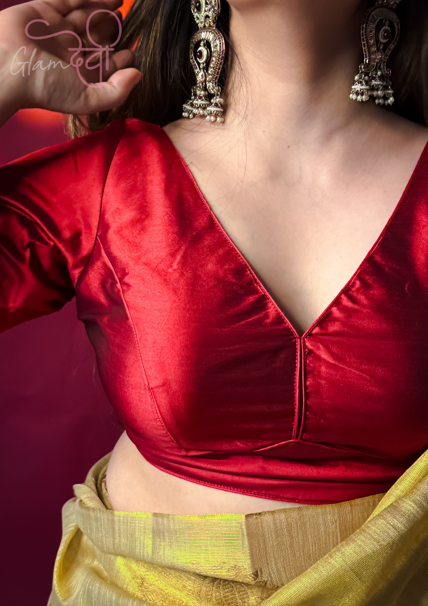Maroon Half Sleeve Silk Blouse for Women – Deep V-Neck & Back Tie | Glam Devi