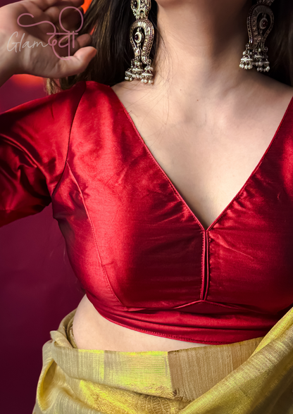 Maroon Half Sleeve Silk Blouse for Women – Deep V-Neck & Back Tie | Glam Devi