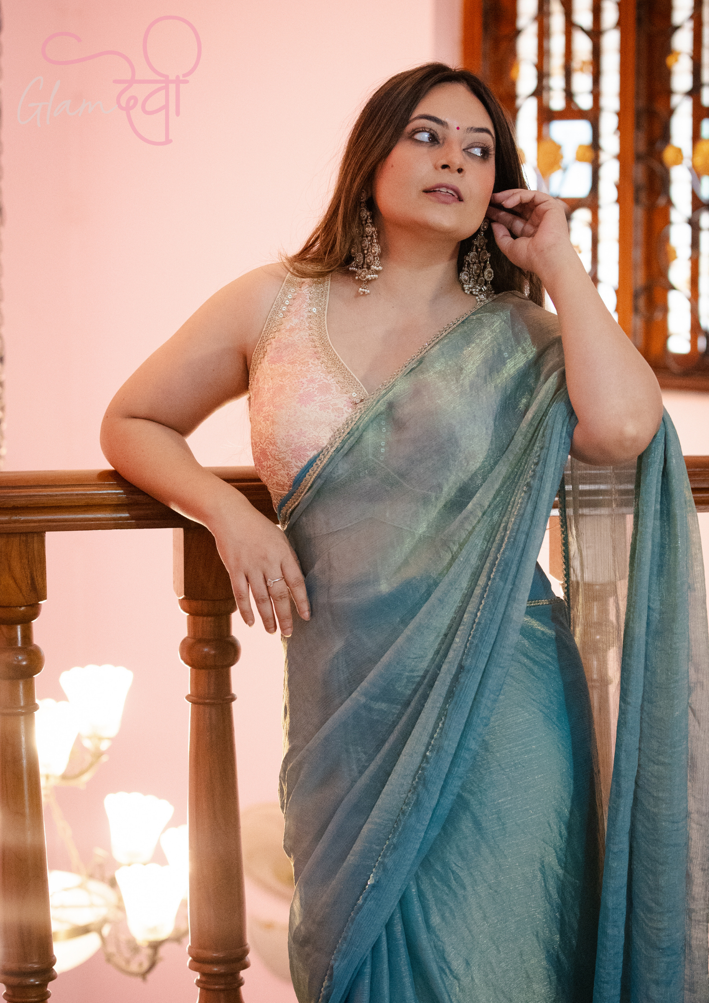 Gold Sleeveless Silk Brocade Blouse with Pink Floral Weave & Deep Back – Festive Wear | Glam Devi