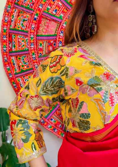 Yellow Multi embroidery 3/4 Sleeve Blouse