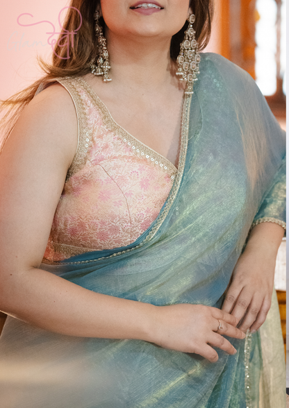 Gold Sleeveless Silk Brocade Blouse with Pink Floral Weave & Deep Back – Festive Wear | Glam Devi