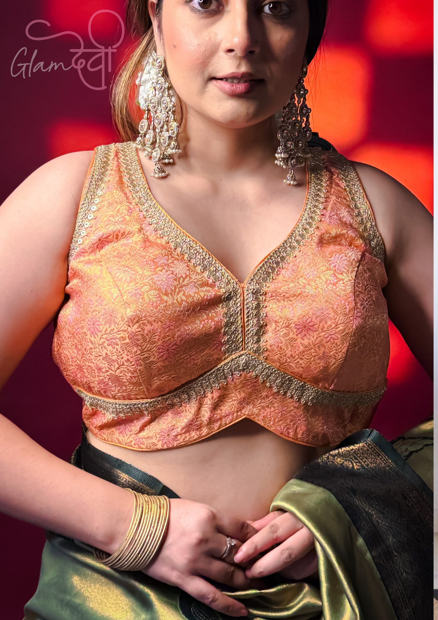 Peach Sleeveless Silk Blouse with Zari & Mirror Embroidery – Festive Ethnic Wear | Glam Devi