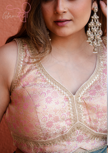 Gold Sleeveless Silk Brocade Blouse with Pink Floral Weave & Deep Back – Festive Wear | Glam Devi