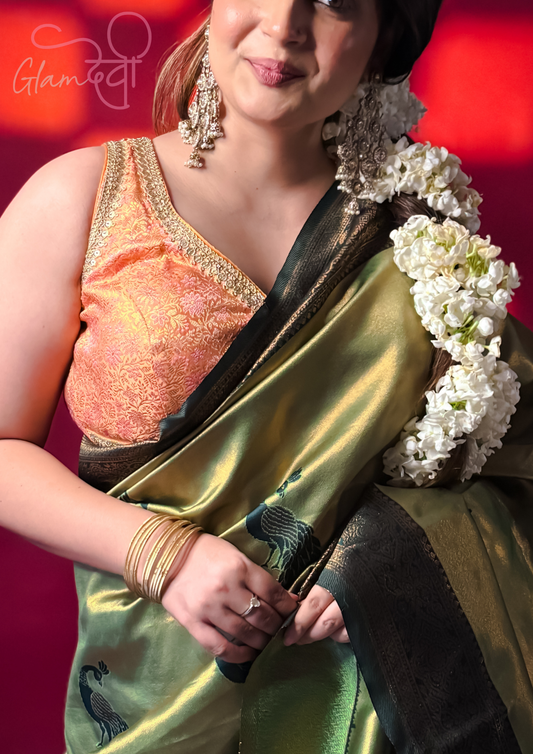 Peach Sleeveless Silk Blouse with Zari & Mirror Embroidery – Festive Ethnic Wear | Glam Devi