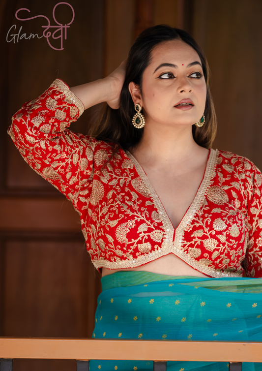 Red 3/4 Sleeve Embroidered Blouse – Bold and Elegant Ethnic Attire