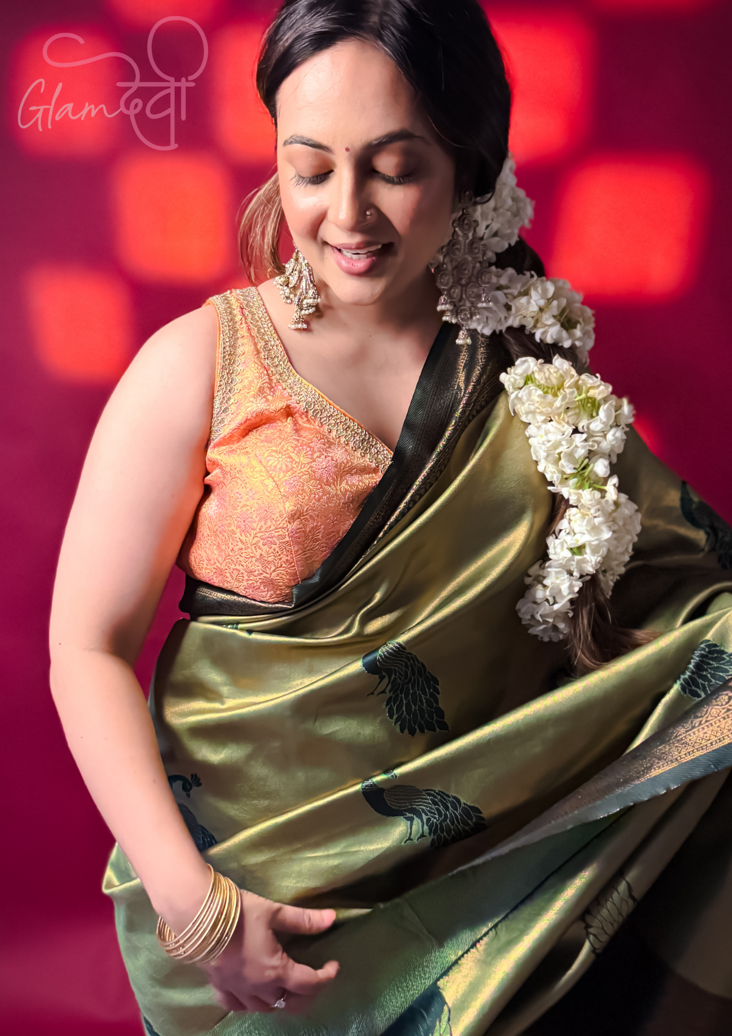 Peach Sleeveless Silk Blouse with Zari & Mirror Embroidery – Festive Ethnic Wear | Glam Devi