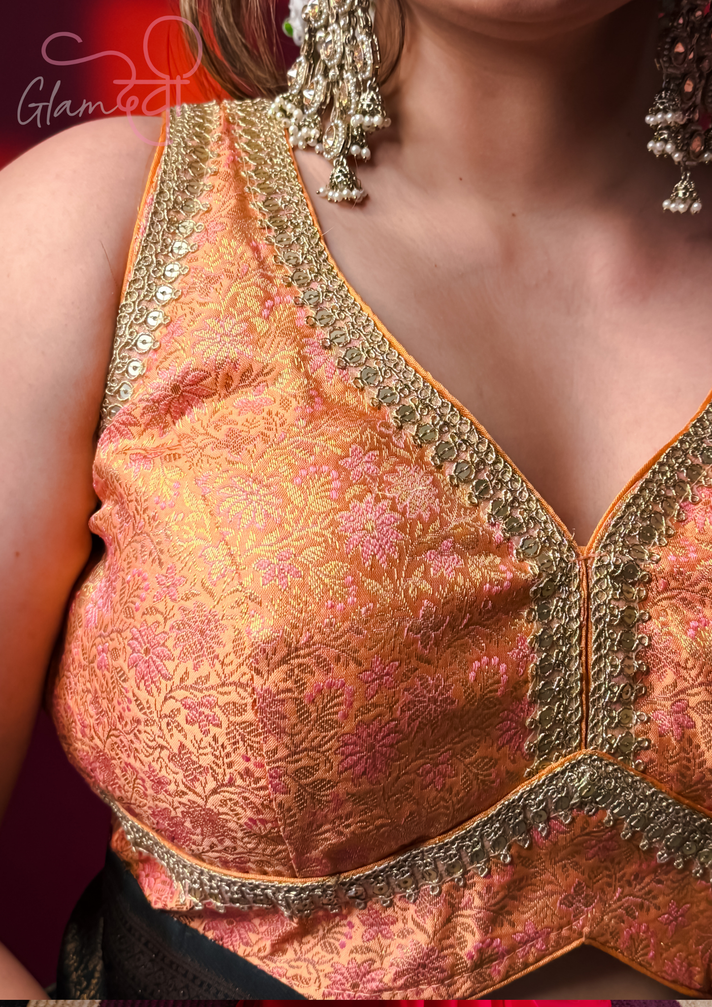 Peach Sleeveless Silk Blouse with Zari & Mirror Embroidery – Festive Ethnic Wear | Glam Devi