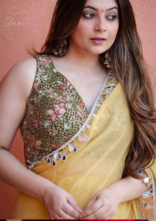 Olive Green Sleeveless Silk Blouse with Multi-Colour Floral Embroidery & Pearl Tassels | Glam Devi