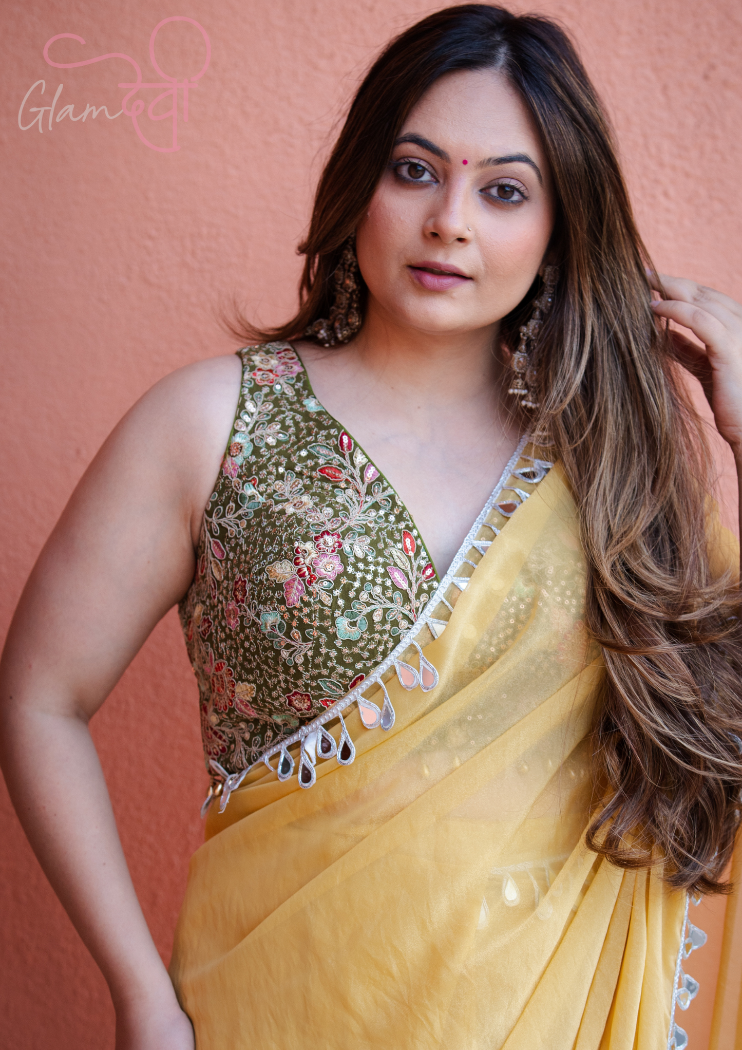 Olive Green Sleeveless Silk Blouse with Multi-Colour Floral Embroidery & Pearl Tassels | Glam Devi