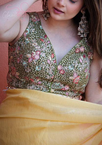 Olive Green Sleeveless Silk Blouse with Multi-Colour Floral Embroidery & Pearl Tassels | Glam Devi
