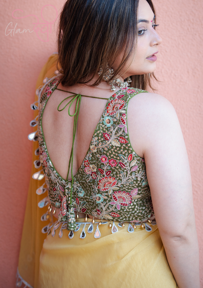 Olive Green Sleeveless Silk Blouse with Multi-Colour Floral Embroidery & Pearl Tassels | Glam Devi