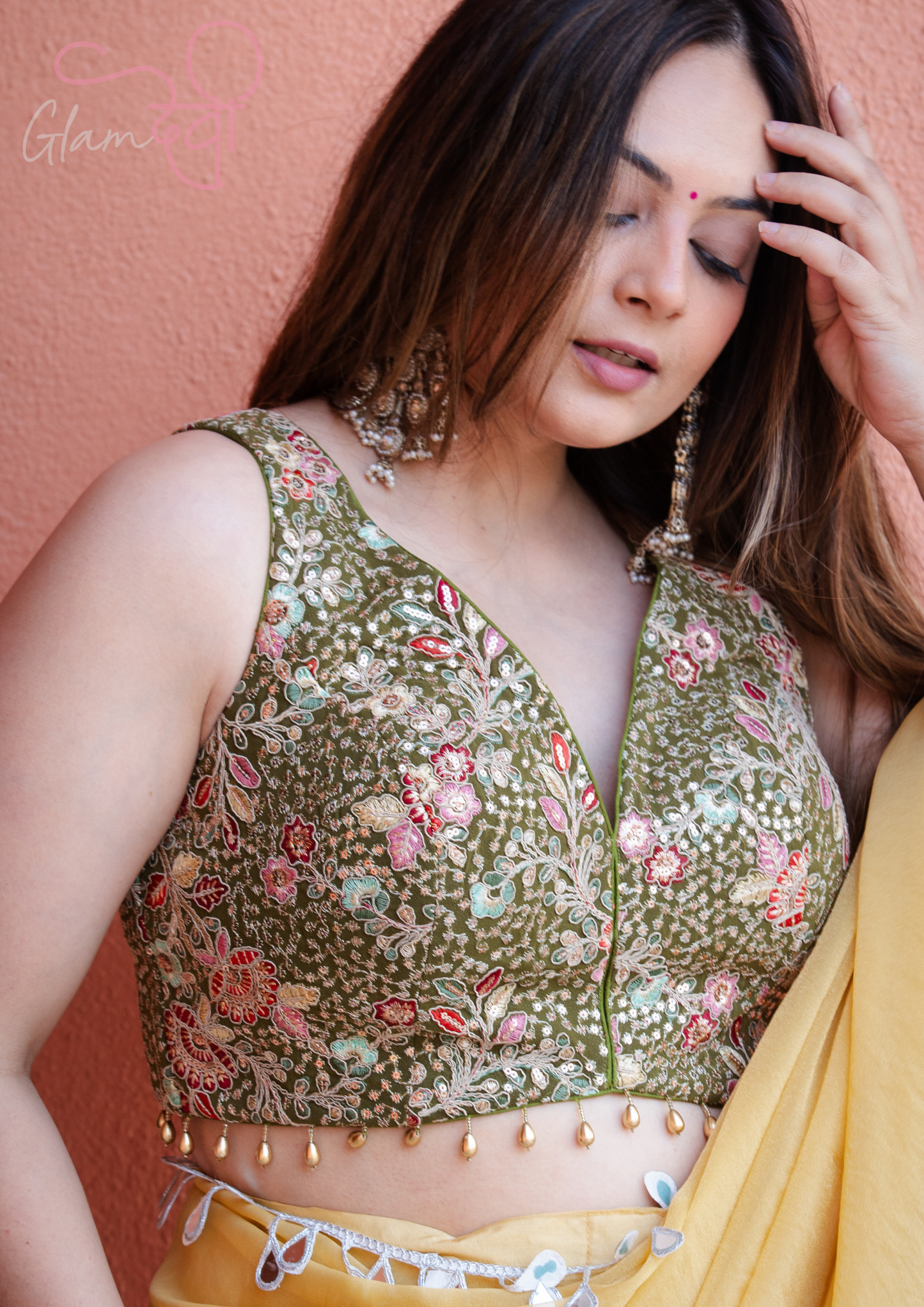 Olive Green Sleeveless Silk Blouse with Multi-Colour Floral Embroidery & Pearl Tassels | Glam Devi