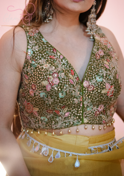Olive Green Sleeveless Silk Blouse with Multi-Colour Floral Embroidery & Pearl Tassels | Glam Devi