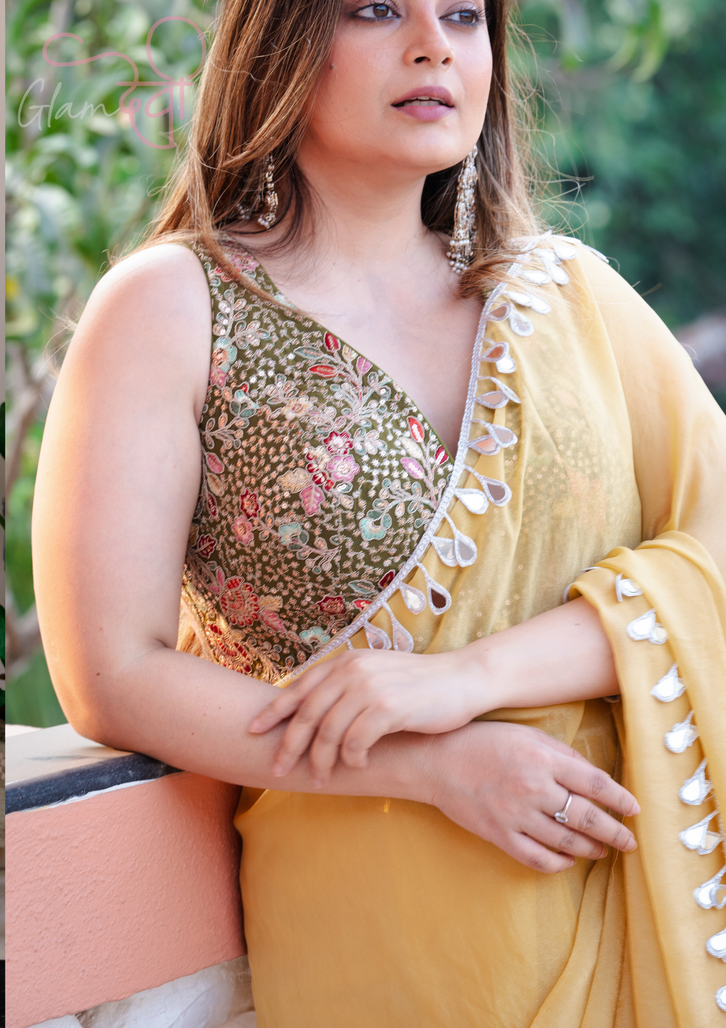 Olive Green Sleeveless Silk Blouse with Multi-Colour Floral Embroidery & Pearl Tassels | Glam Devi