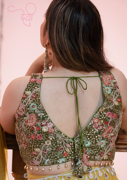 Olive Green Sleeveless Silk Blouse with Multi-Colour Floral Embroidery & Pearl Tassels | Glam Devi