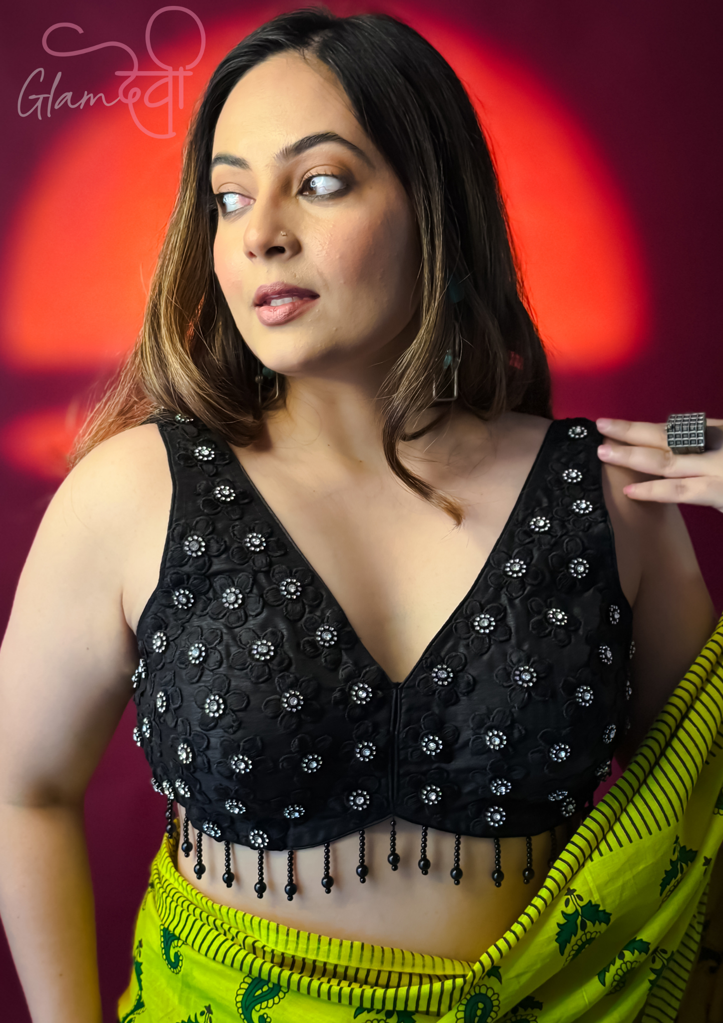Black Sleeveless Embroidered Silk Blouse for Women – Mirror Work with Tassel Detailing | Glam Devi