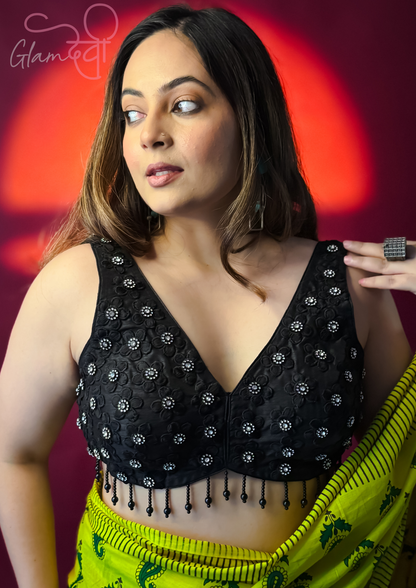 Black Sleeveless Embroidered Silk Blouse for Women – Mirror Work with Tassel Detailing | Glam Devi