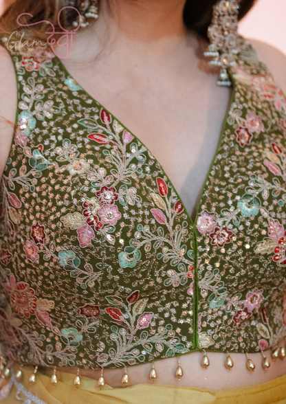 Olive Green Sleeveless Silk Blouse with Multi-Colour Floral Embroidery & Pearl Tassels | Glam Devi