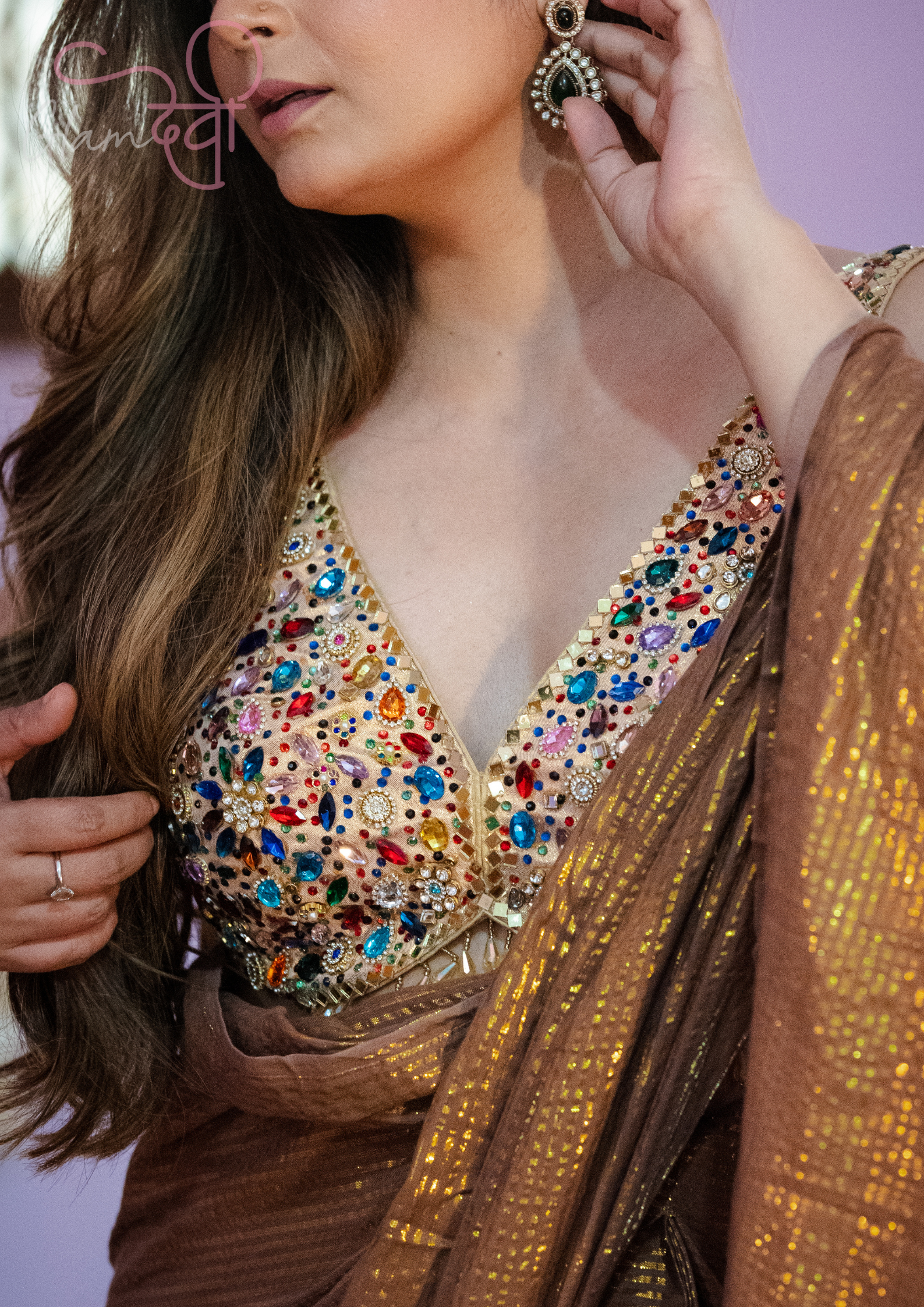 Gold Sleeveless Silk Blouse with Multi-Colour Stone & Mirror Work and Pearl Tassels | Bridal Wear | Glam Devi
