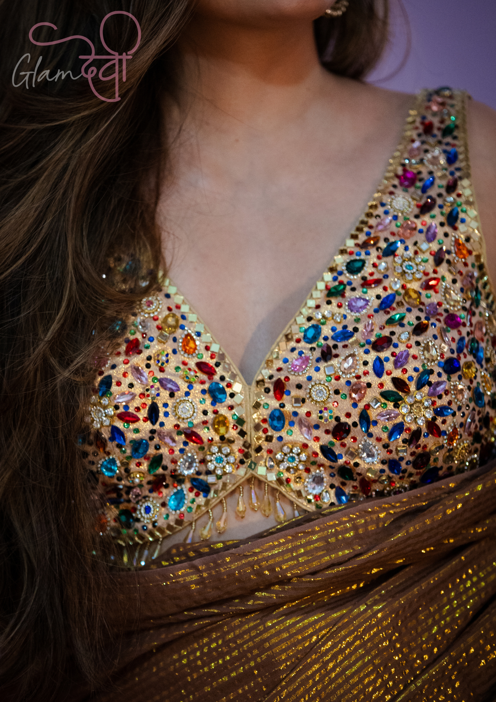 Gold Sleeveless Silk Blouse with Multi-Colour Stone & Mirror Work and Pearl Tassels | Bridal Wear | Glam Devi