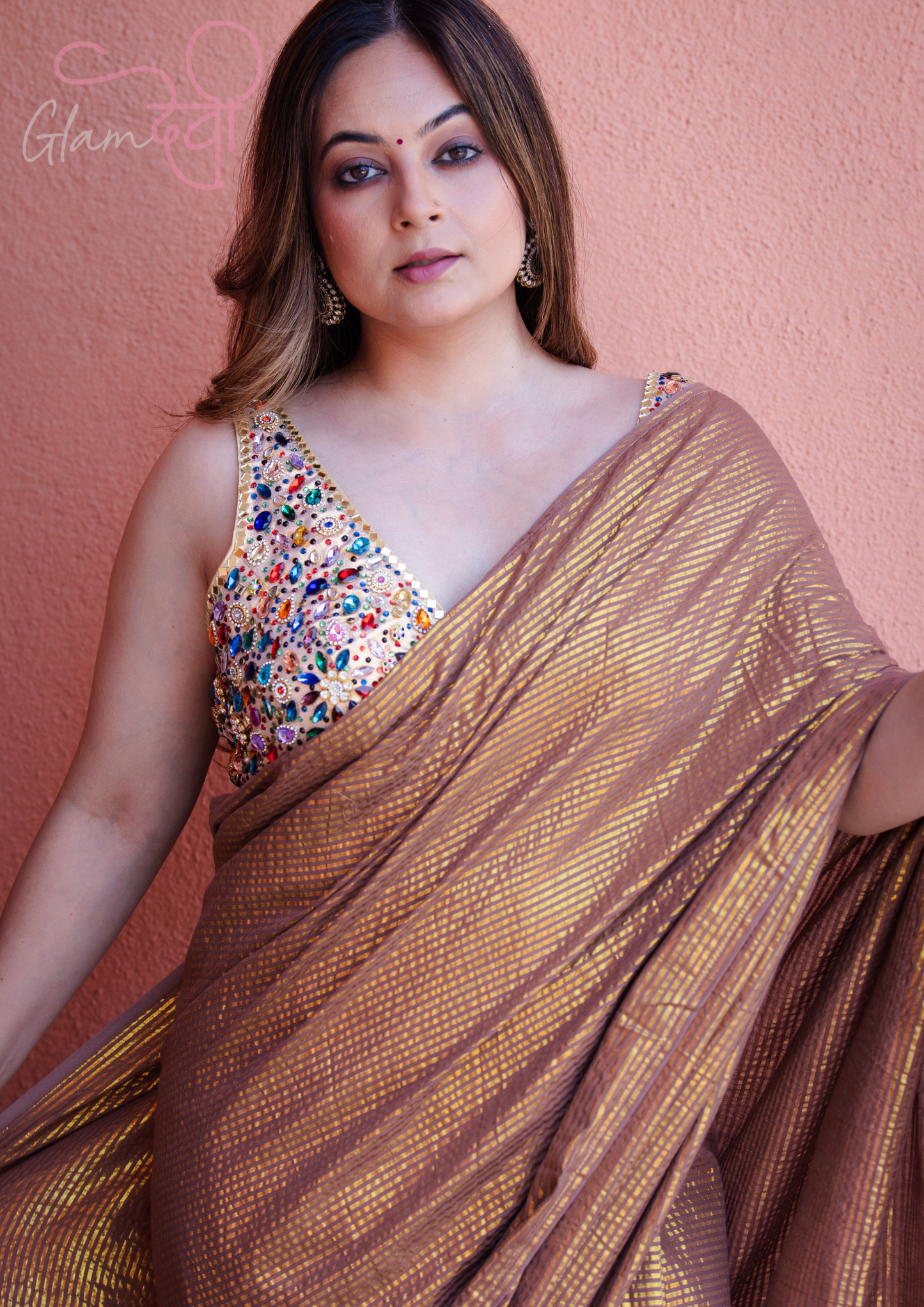 Gold Sleeveless Silk Blouse with Multi-Colour Stone & Mirror Work and Pearl Tassels | Bridal Wear | Glam Devi