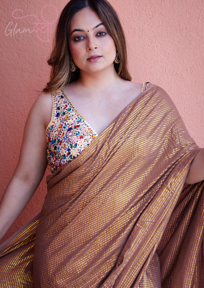 Gold Sleeveless Silk Blouse with Multi-Colour Stone & Mirror Work and Pearl Tassels | Bridal Wear | Glam Devi