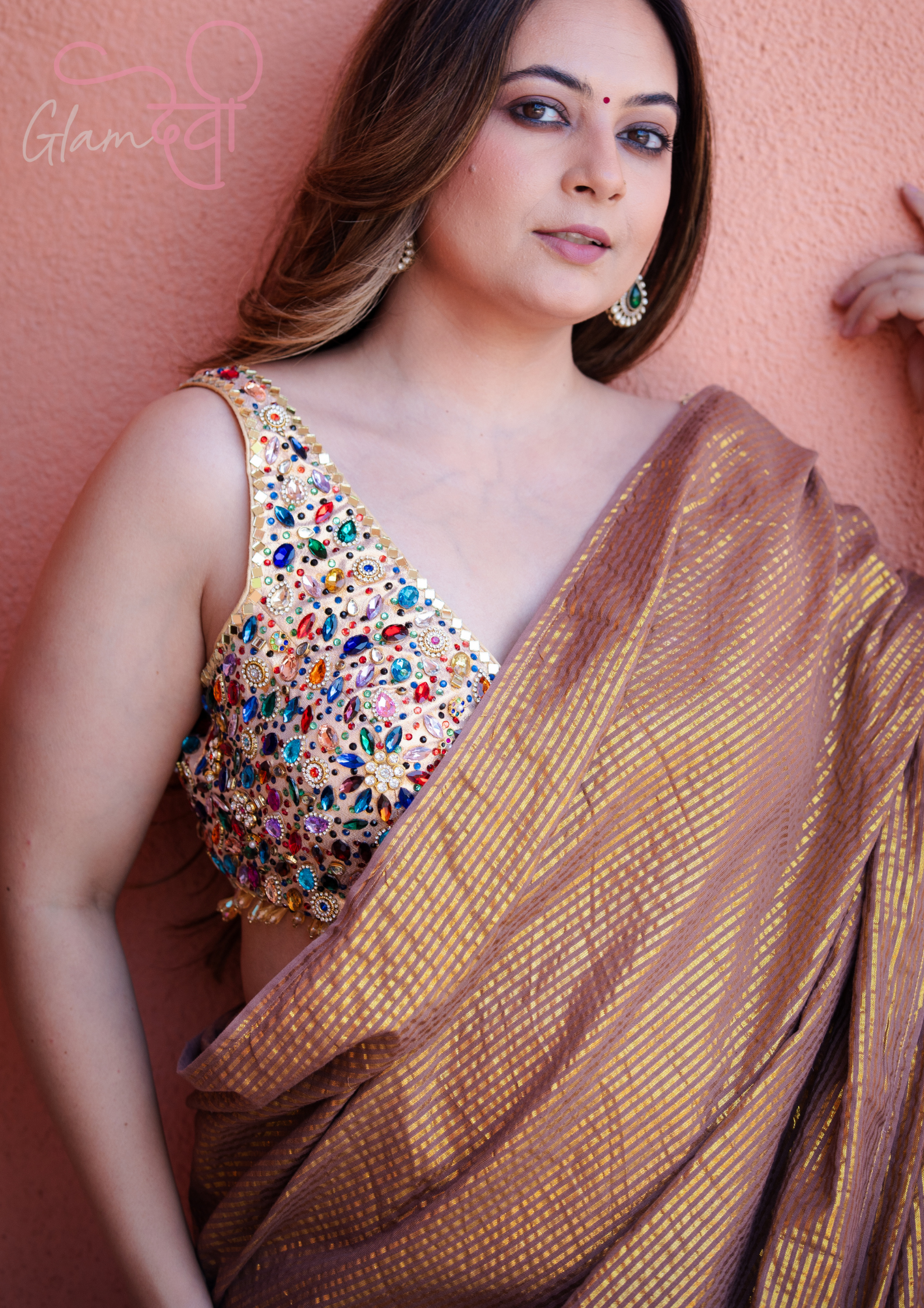 Gold Sleeveless Silk Blouse with Multi-Colour Stone & Mirror Work and Pearl Tassels | Bridal Wear | Glam Devi