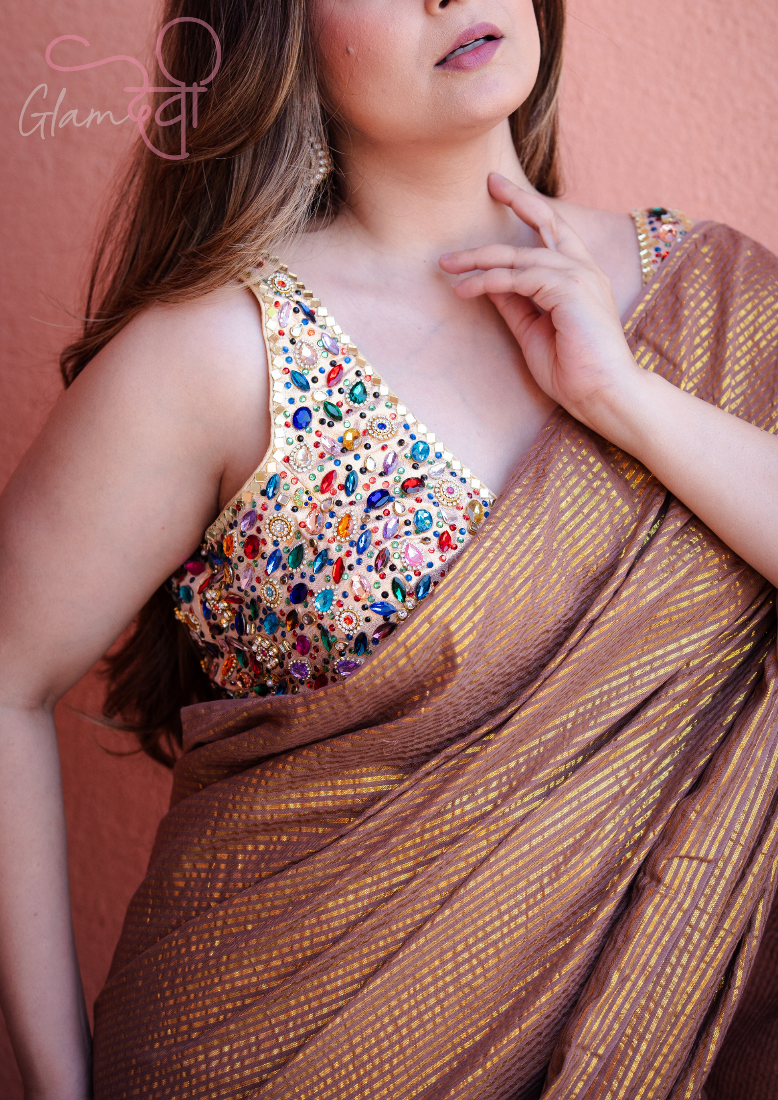 Gold Sleeveless Silk Blouse with Multi-Colour Stone & Mirror Work and Pearl Tassels | Bridal Wear | Glam Devi