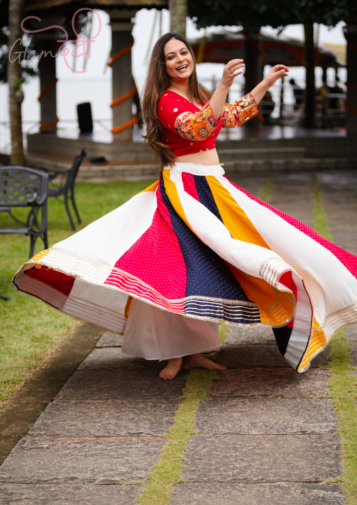 Vibrant Multicolour Panelled Flared Lehenga Skirt
