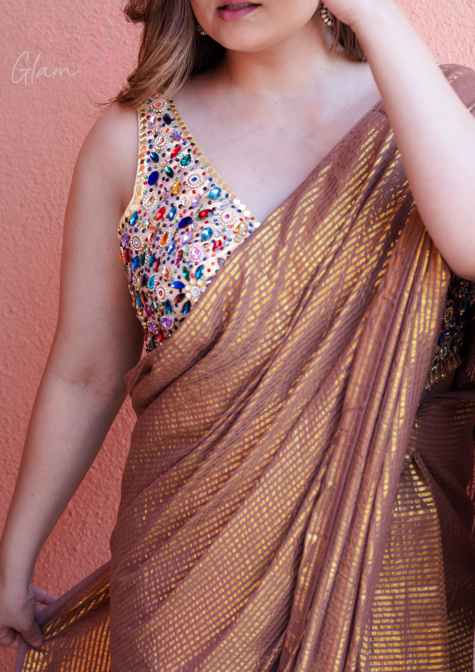Gold Sleeveless Silk Blouse with Multi-Colour Stone & Mirror Work and Pearl Tassels | Bridal Wear | Glam Devi