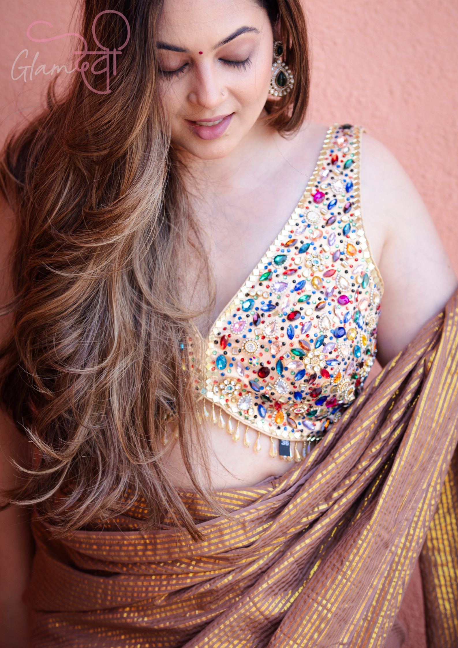 Gold Sleeveless Silk Blouse with Multi-Colour Stone & Mirror Work and Pearl Tassels | Bridal Wear | Glam Devi