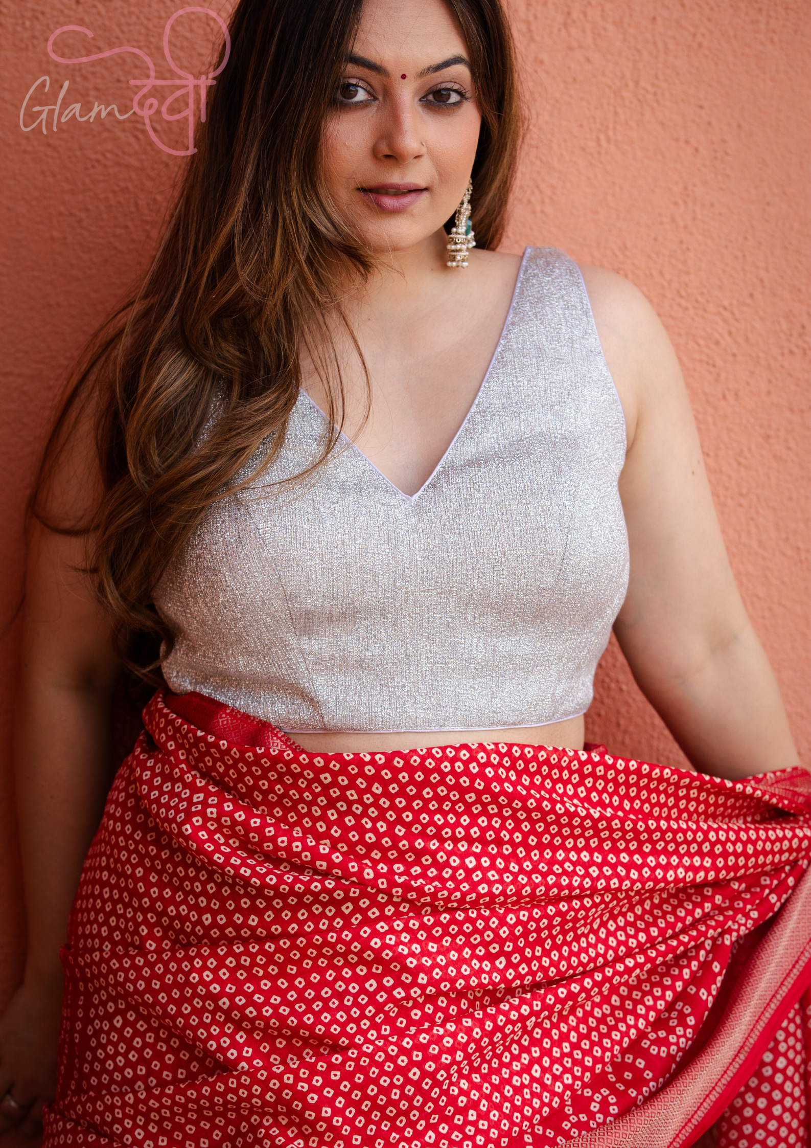 Silver Sleeveless Silk Blouse for Women – V Neck Festive Wear | Glam Devi