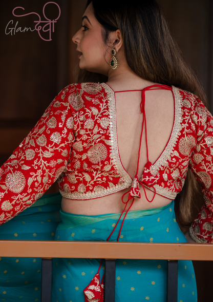 Red 3/4 Sleeve Embroidered Blouse – Bold and Elegant Ethnic Attire