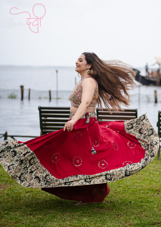 Elegant Red Mirror Work Flared Lehenga Skirt with Black Floral Border