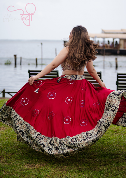 Elegant Red Mirror Work Flared Lehenga Skirt with Black Floral Border