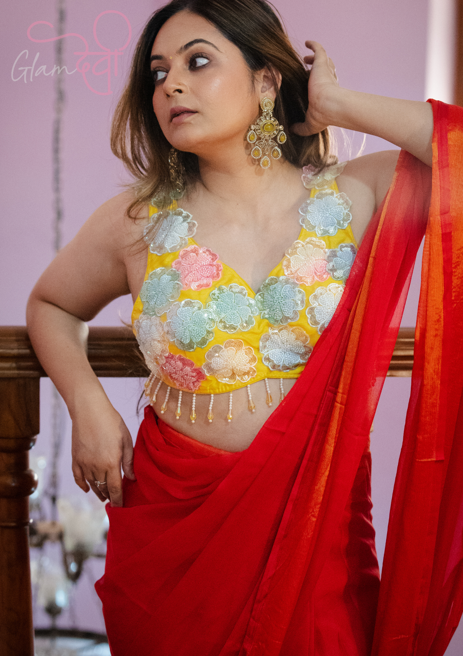 Yellow Sleeveless Silk Blouse with 3D Floral Appliqué & Dori Tie-Up Back | Festive Wear | Glam Devi