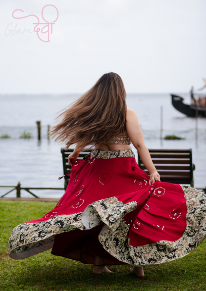 Elegant Red Mirror Work Flared Lehenga Skirt with Black Floral Border