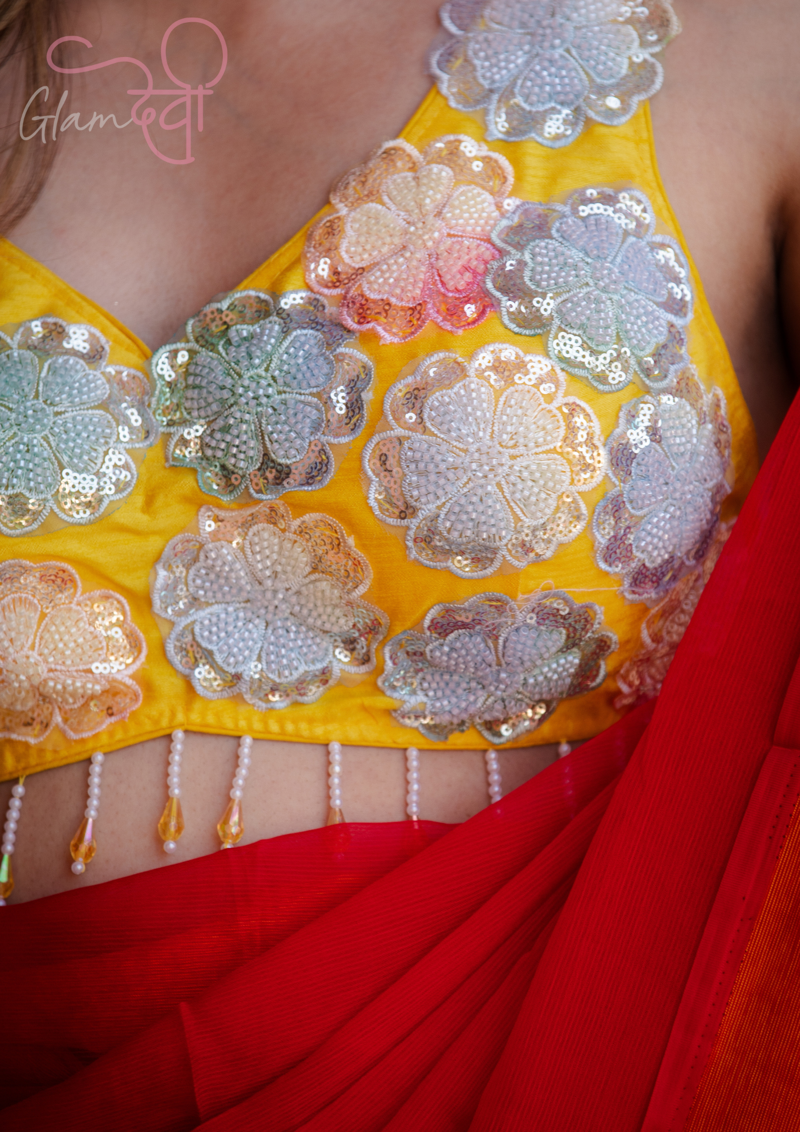 Yellow Sleeveless Silk Blouse with 3D Floral Appliqué & Dori Tie-Up Back | Festive Wear | Glam Devi