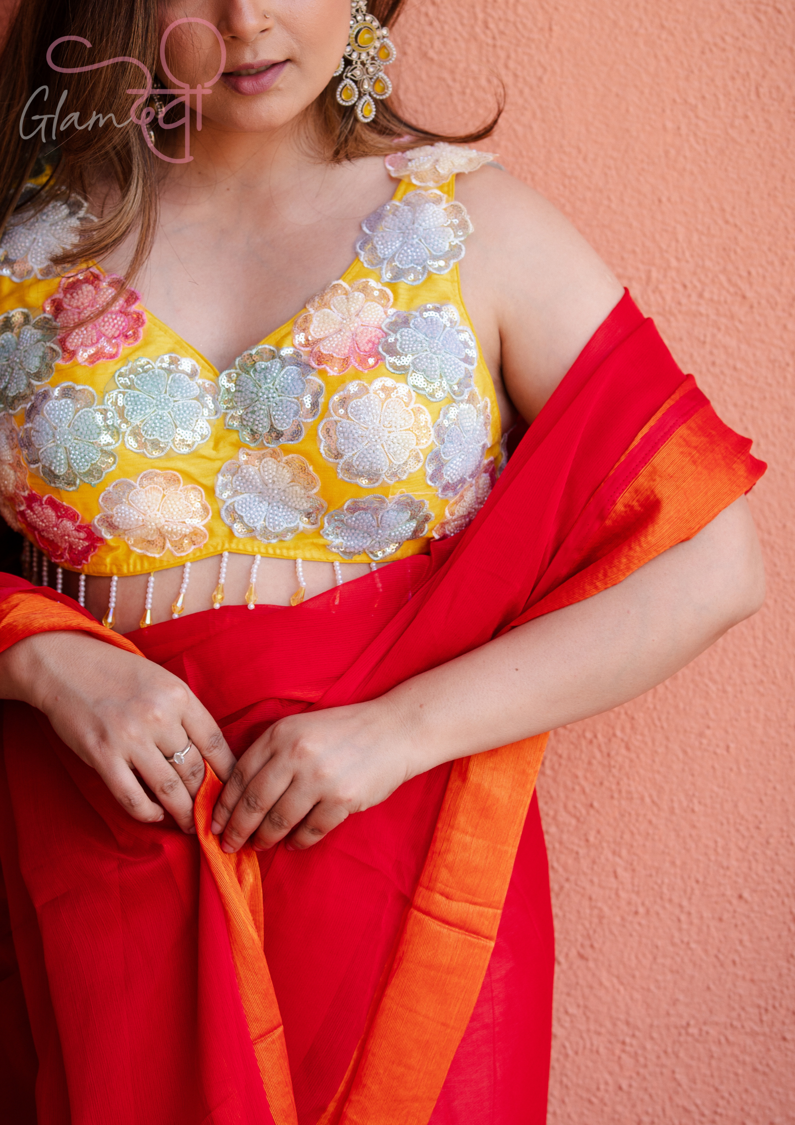 Yellow Sleeveless Silk Blouse with 3D Floral Appliqué & Dori Tie-Up Back | Festive Wear | Glam Devi